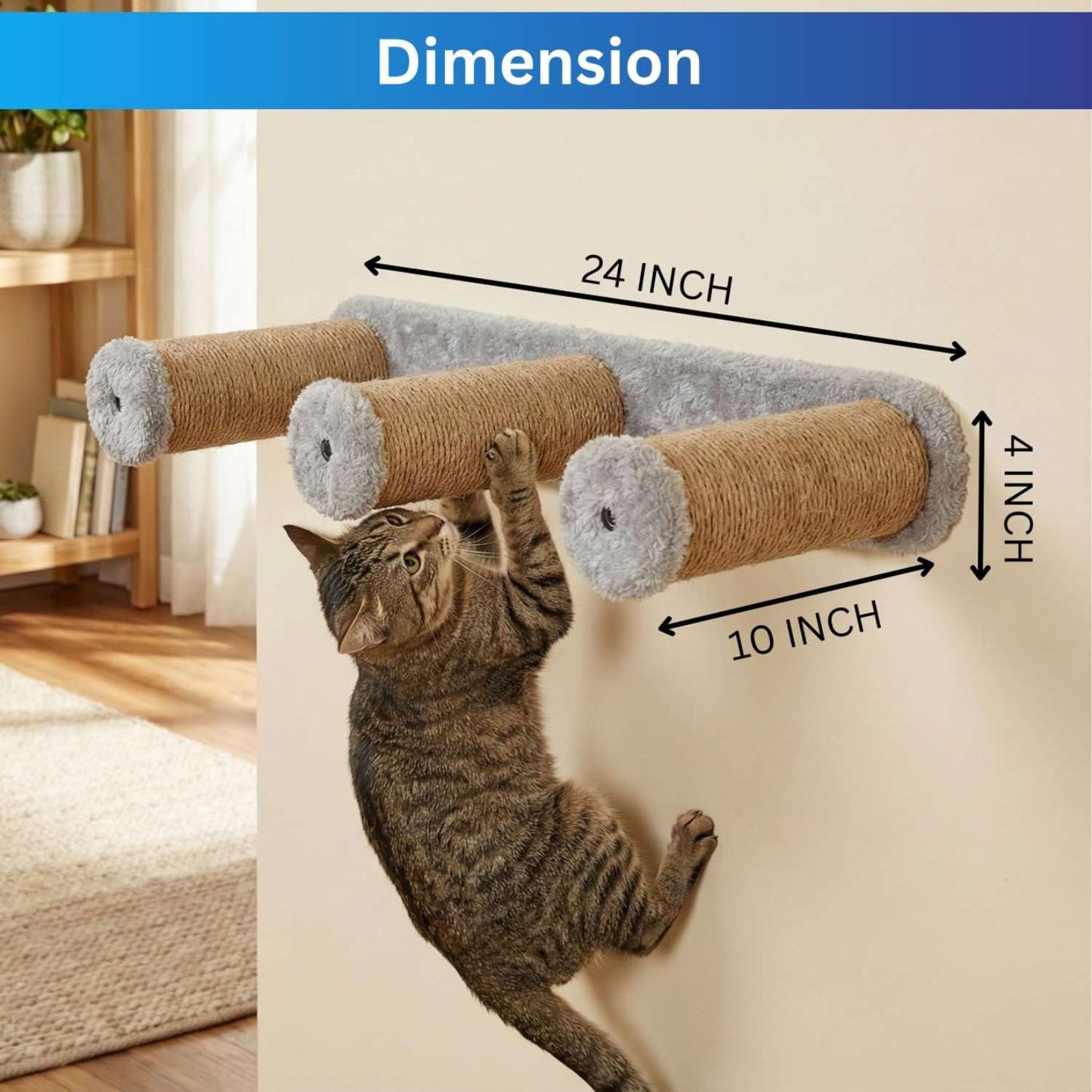 Wall-Mounted Cat Scratching Post, Sisal Rope with Plush Mice Toys, Grey and Natural, Interactive Play (24X6 INCH)