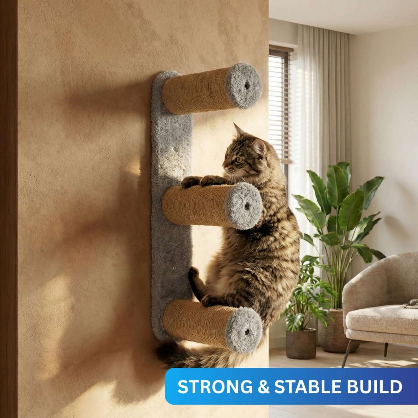 Wall-Mounted Cat Scratching Post, Sisal Rope with Plush Mice Toys, Grey and Natural, Interactive Play (24X6 INCH)