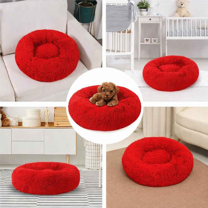 Calming Donut Dog & Cat Bed | Fluffy Plush Washable Anti Slip (Red)