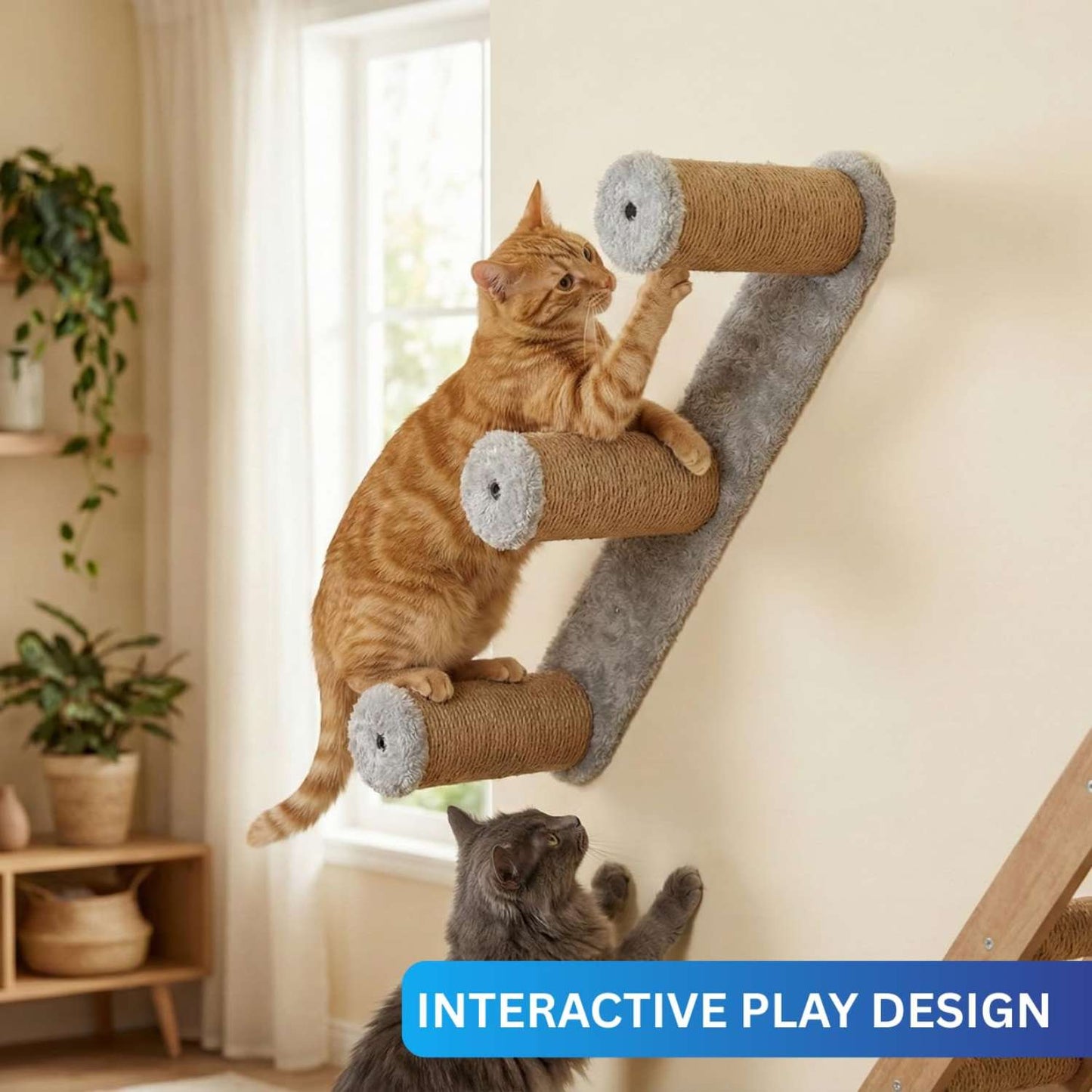 Wall-Mounted Cat Scratching Post, Sisal Rope with Plush Mice Toys, Grey and Natural, Interactive Play (24X6 INCH)
