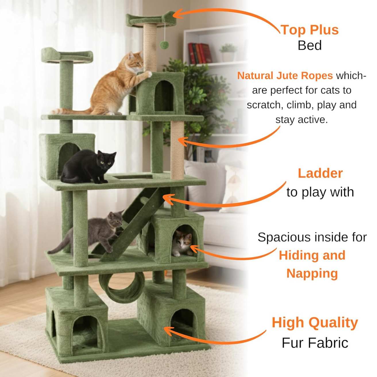 Multilevel Fur Fabric Cat Tree - Ladder | Hanging Ball | Tunnel | Multiple Condos | Jute Rope Scratching Posts | for Adult Cats & Kittens (32 x 19 x 85 Inches)