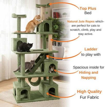 Multilevel Fur Fabric Cat Tree - Ladder | Hanging Ball | Tunnel | Multiple Condos | Jute Rope Scratching Posts | for Adult Cats & Kittens (32 x 19 x 85 Inches)