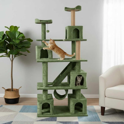 Multilevel Fur Fabric Cat Tree - Ladder | Hanging Ball | Tunnel | Multiple Condos | Jute Rope Scratching Posts | for Adult Cats & Kittens (32 x 19 x 85 Inches)
