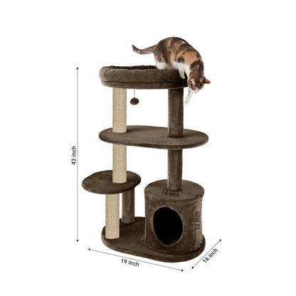 Deluxe Cat Tree Tower, 43 Inch Tall Multi-Level Grey Plush with Sisal Posts, Condo House, Perch Platforms, 19x16x43 Inches (Brown)