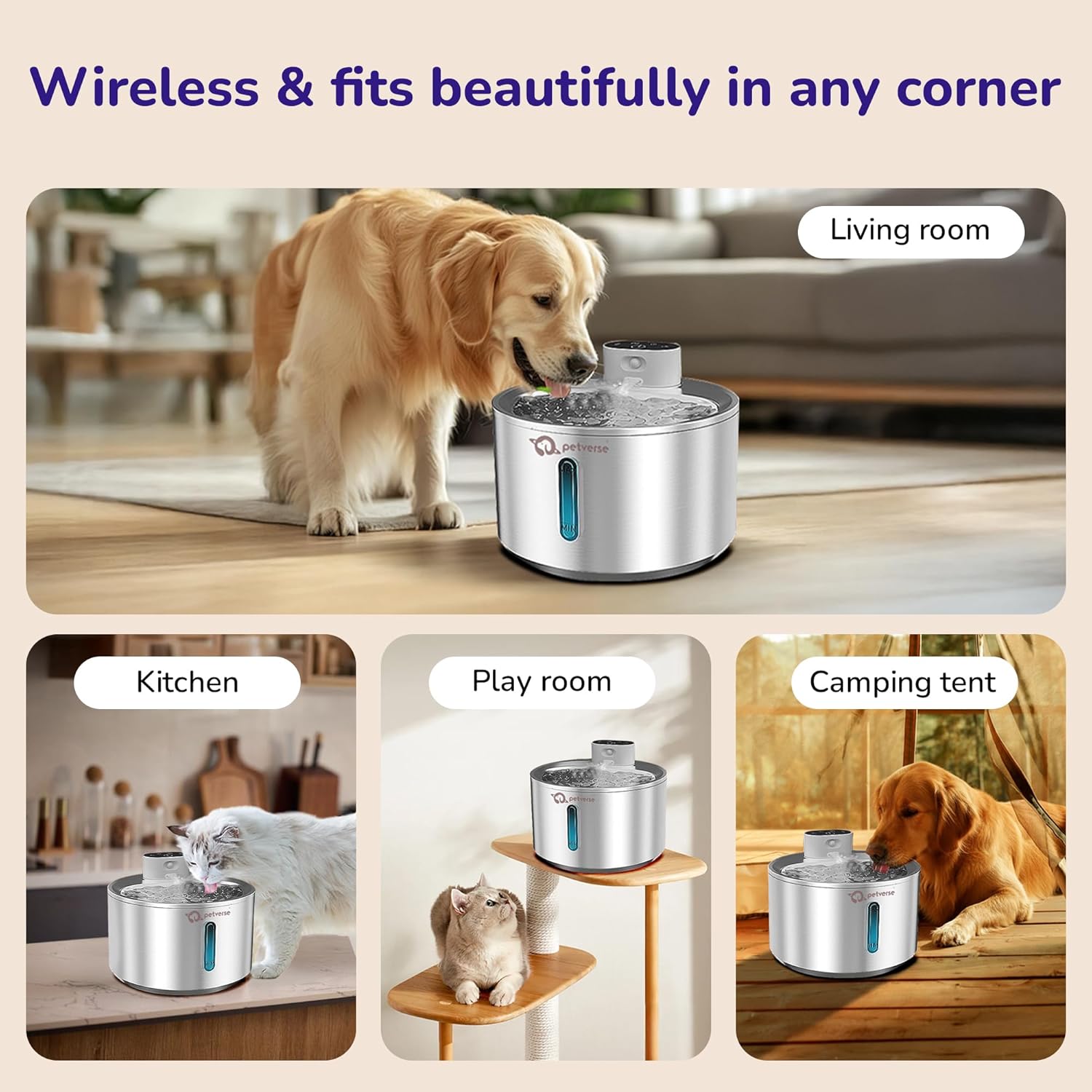 Infographic showcasing a wireless stainless steel water fountain placed in a living room, kitchen, playroom, and camping tent with cats and dogs.