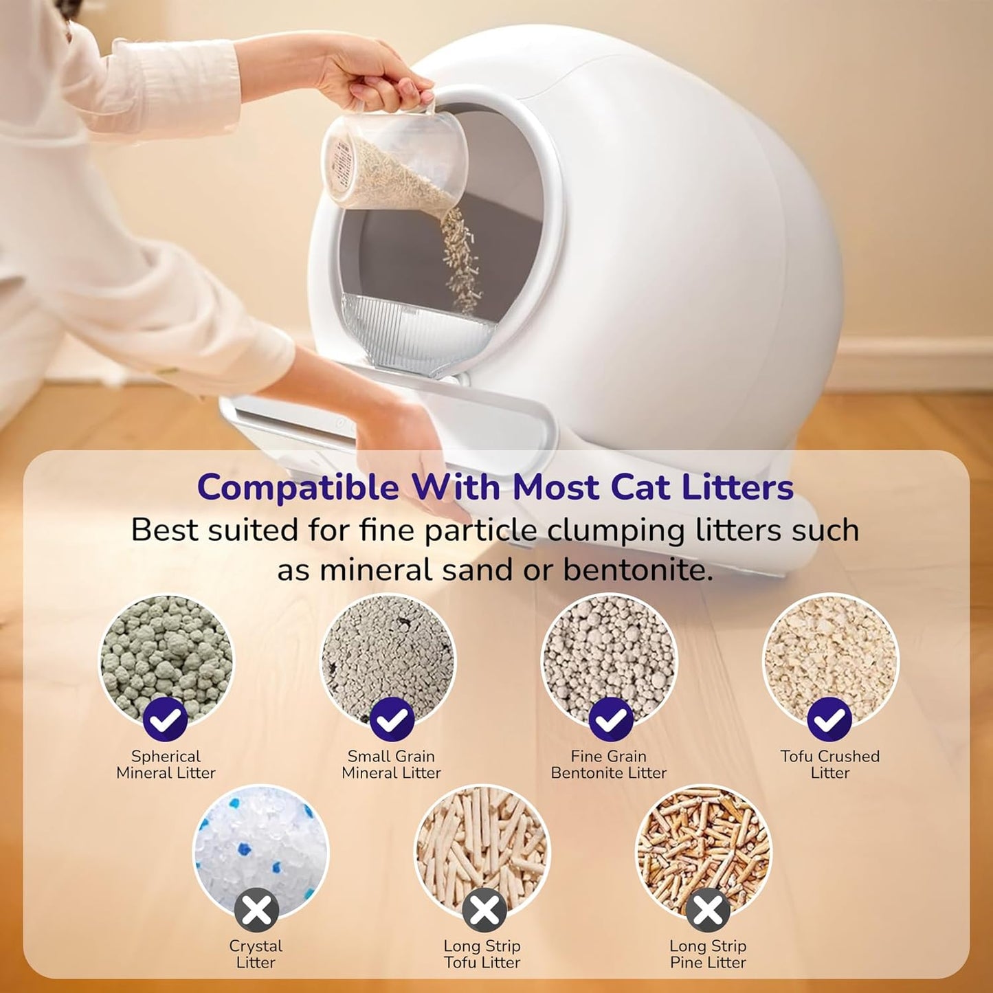 Infographic chart showing cat litter compatibility, detailing supported fine-grain vs. non-supported strip litters..
