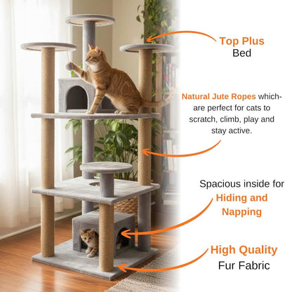 Multilevel Cat Kitten Activity Tree - Fur Fabric, Condo Box, Jute Rope, Multiple Floors, Scratching Posts (Height 54 Inch)