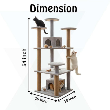 Multilevel Cat Kitten Activity Tree - Fur Fabric, Condo Box, Jute Rope, Multiple Floors, Scratching Posts (Height 54 Inch)