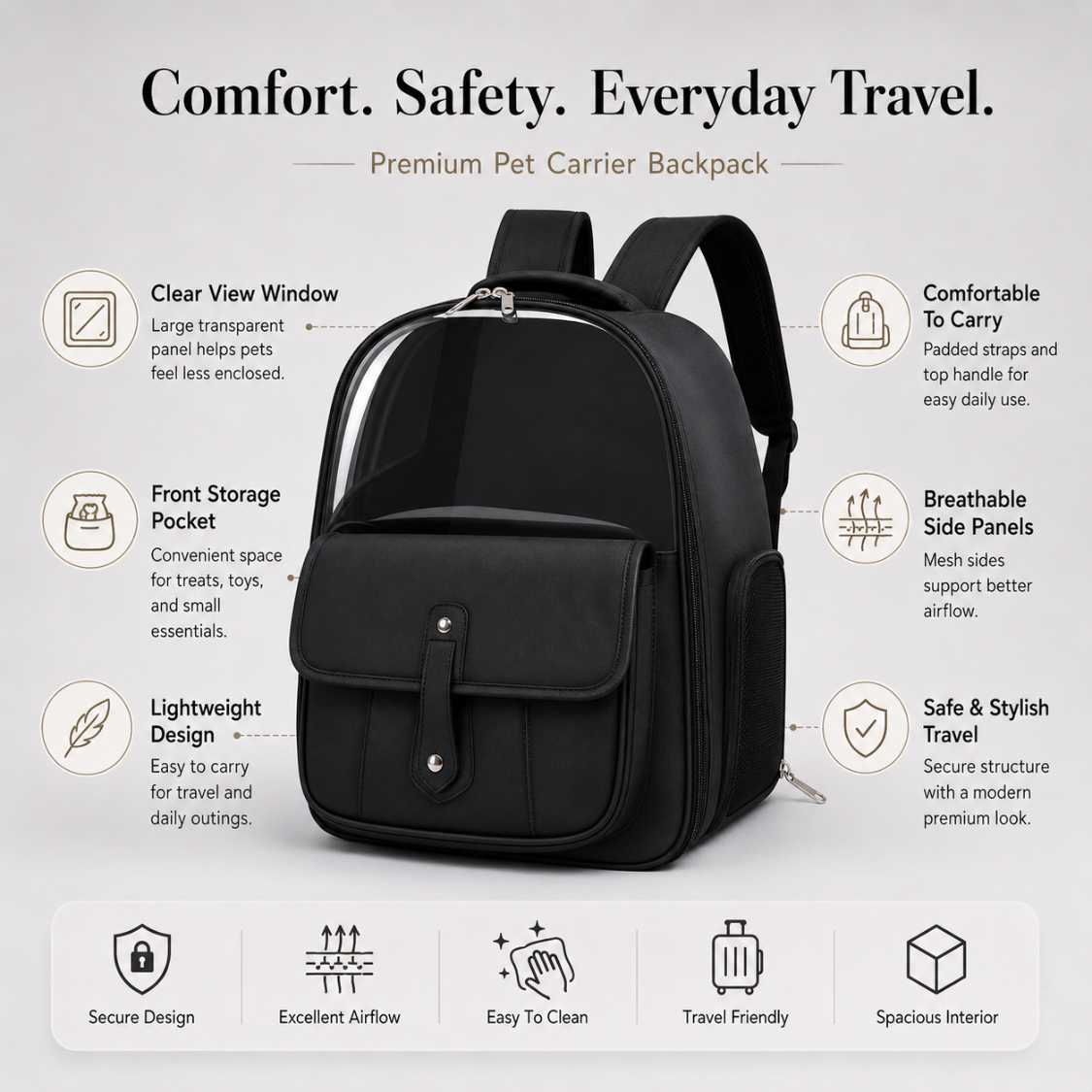Stylish Pet Backpack Carrier With Mesh Sides & Storage Pocket