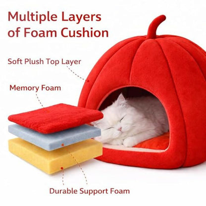 Pumpkin Shape Cat Bed Cave (Red) | Portable Washable Pet House