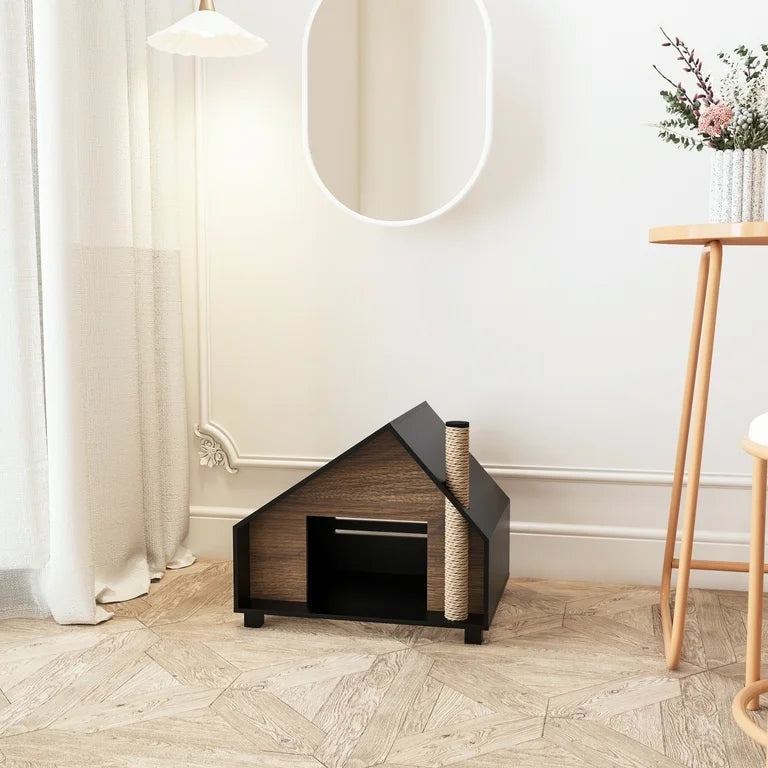 Wooden Cat House With Cozy Condo & Hideaway Bed For Indoor Cats