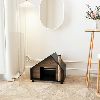Wooden Cat House With Cozy Condo & Hideaway Bed For Indoor Cats