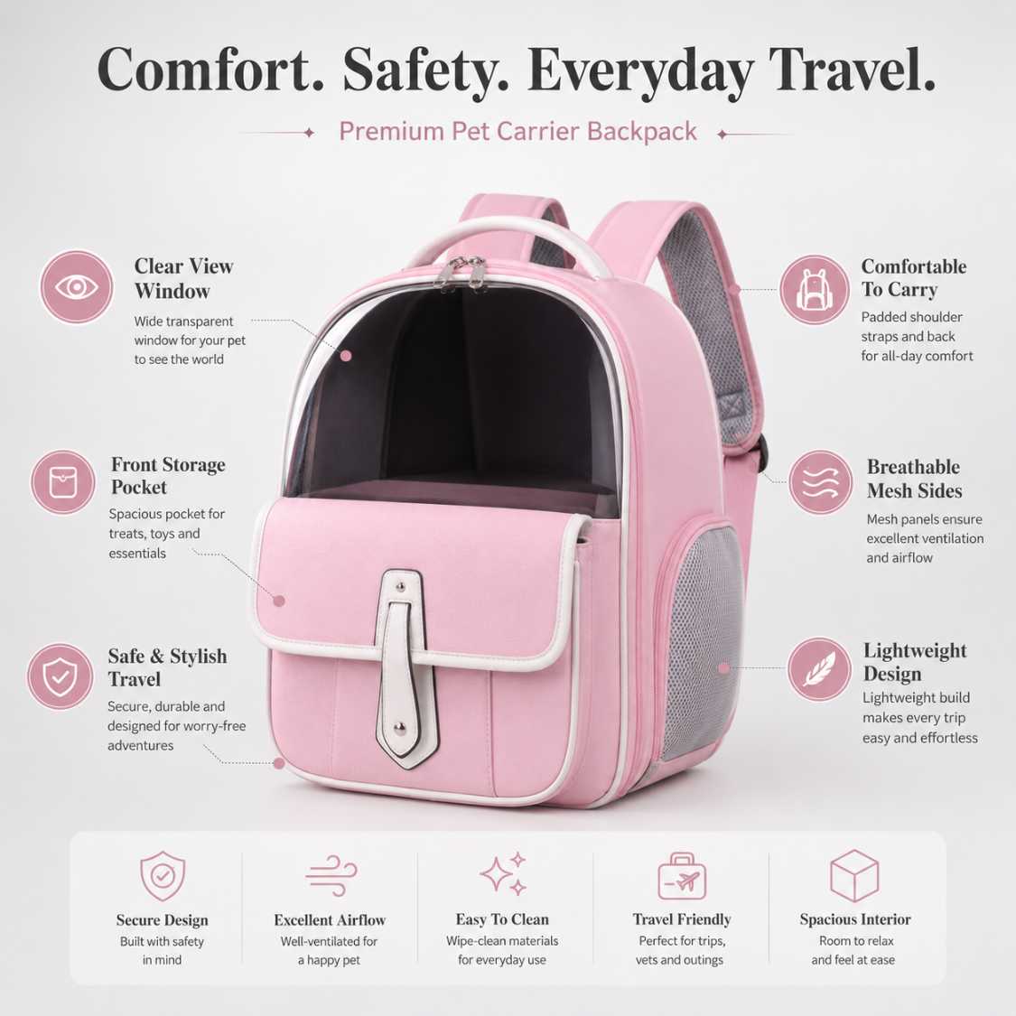 Breathable Pet Carrier Backpack With Front Pocket For Easy Travel