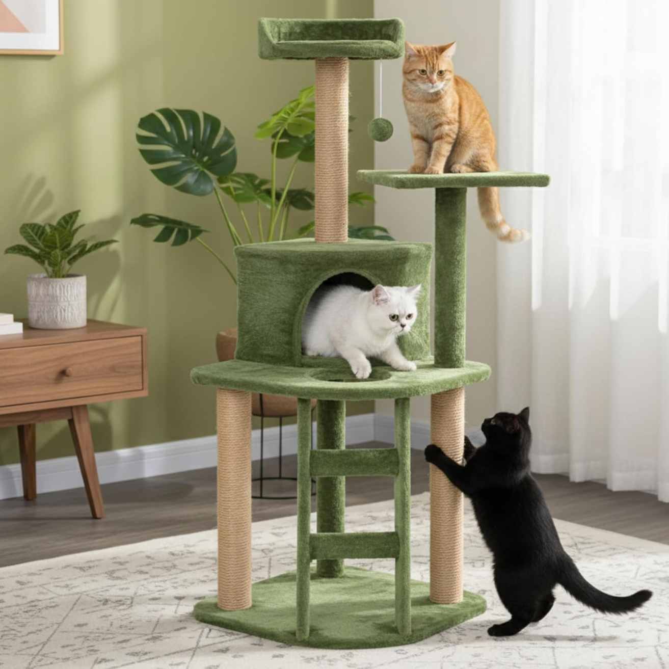 Multi-Level Cat Tree Tower | Green Plush Condo with Jute Posts & Perches