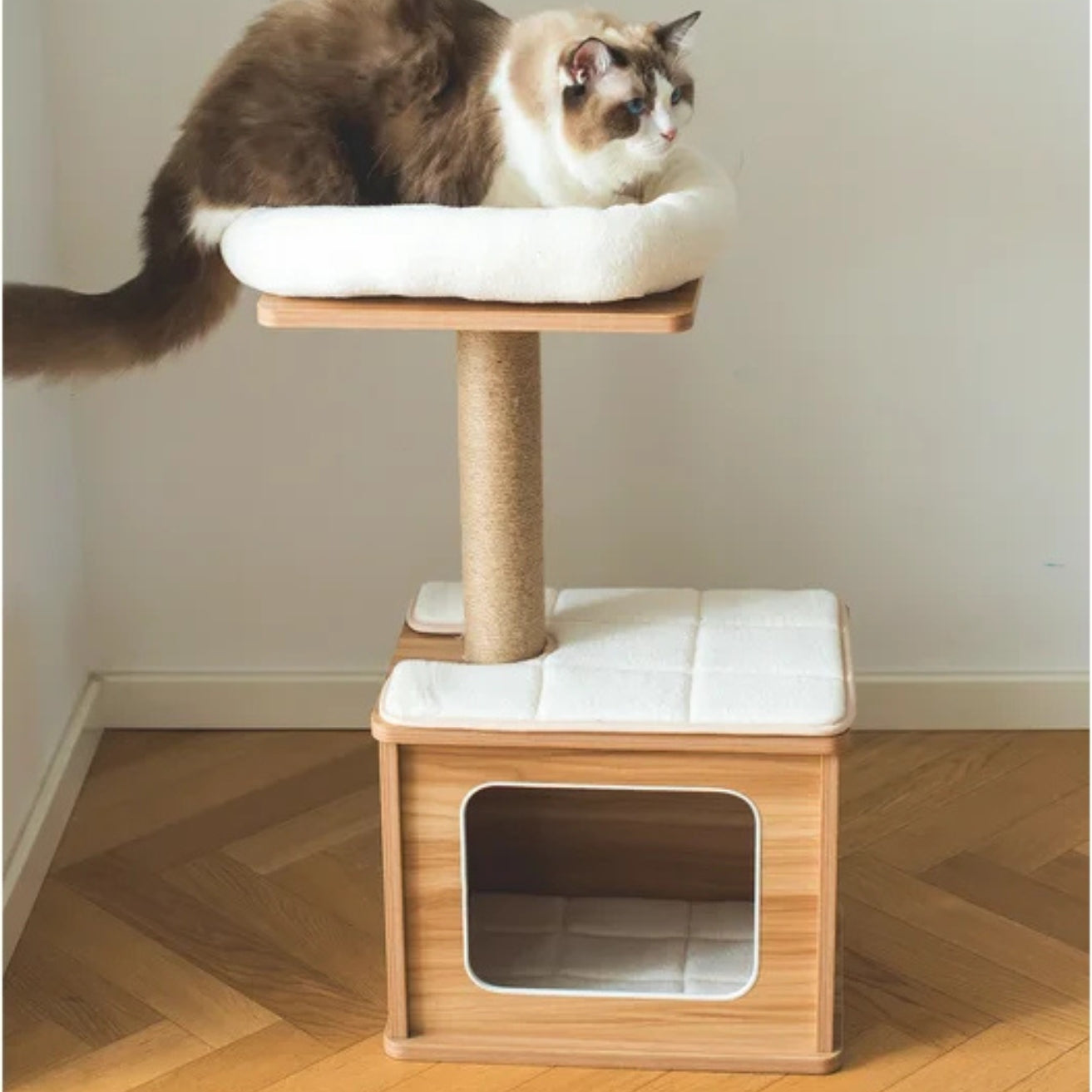 Small Wooden Cat Tree Condo with Scratching Post & Cozy Hideaway