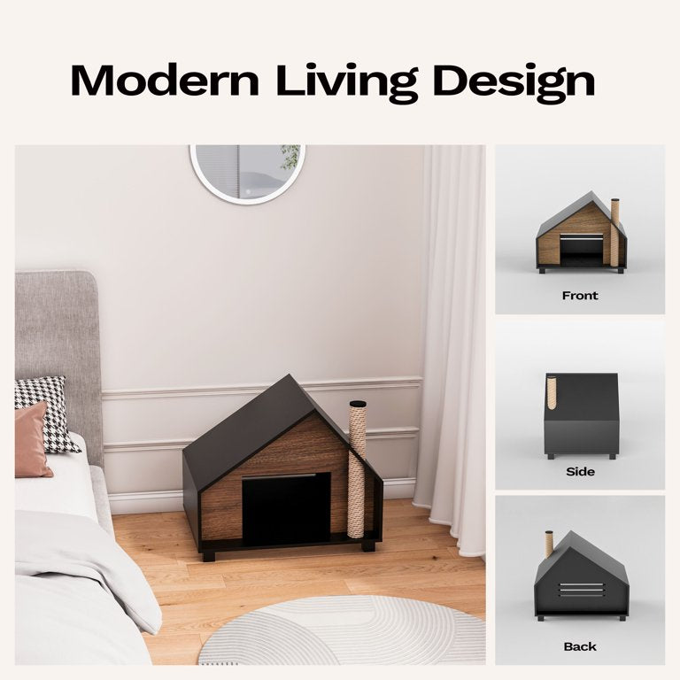 Wooden Cat House With Cozy Condo & Hideaway Bed For Indoor Cats