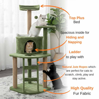 Multi-Level Cat Tree Tower | Green Plush Condo with Jute Posts & Perches