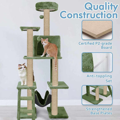 Multi-Storey Kitten Cat Tree | 60in Condo with Stairs, Hammock & Scratching Posts