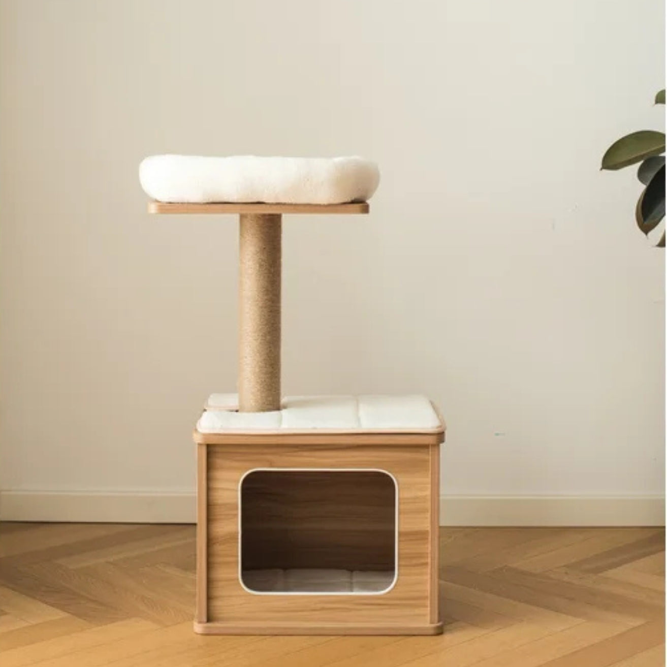 Small Wooden Cat Tree Condo with Scratching Post & Cozy Hideaway