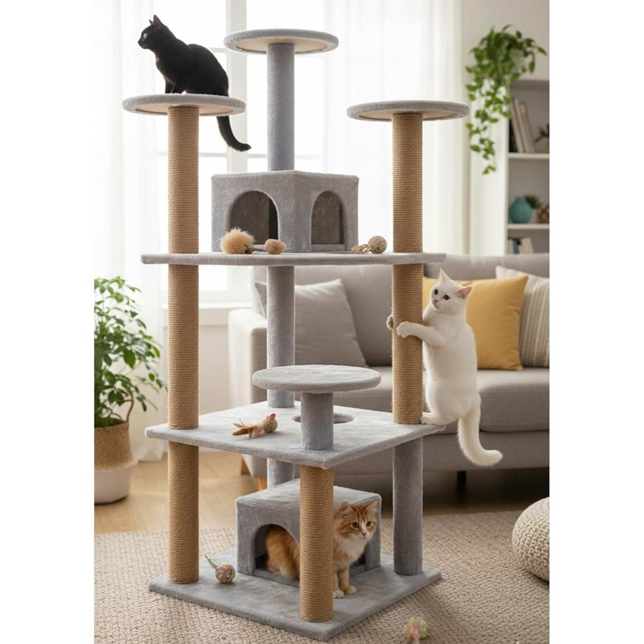 Multilevel Cat Kitten Activity Tree - Fur Fabric, Condo Box, Jute Rope, Multiple Floors, Scratching Posts (Height 54 Inch)