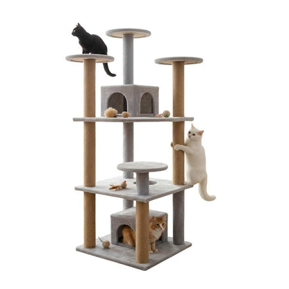 Multilevel Cat Kitten Activity Tree - Fur Fabric, Condo Box, Jute Rope, Multiple Floors, Scratching Posts (Height 54 Inch)