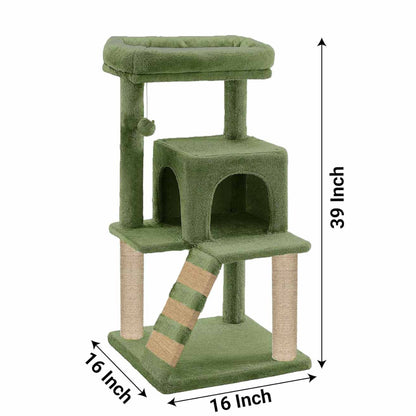 Cat Kitten Tree with Scratching Post, Ladder & Hanging Toy | 39 Inch Green
