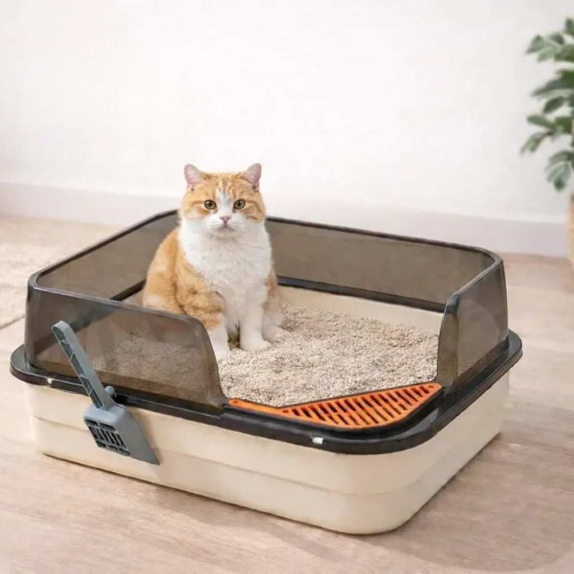 Large Cat Litter Box | High Wall Anti-Scatter Tray with Scoop