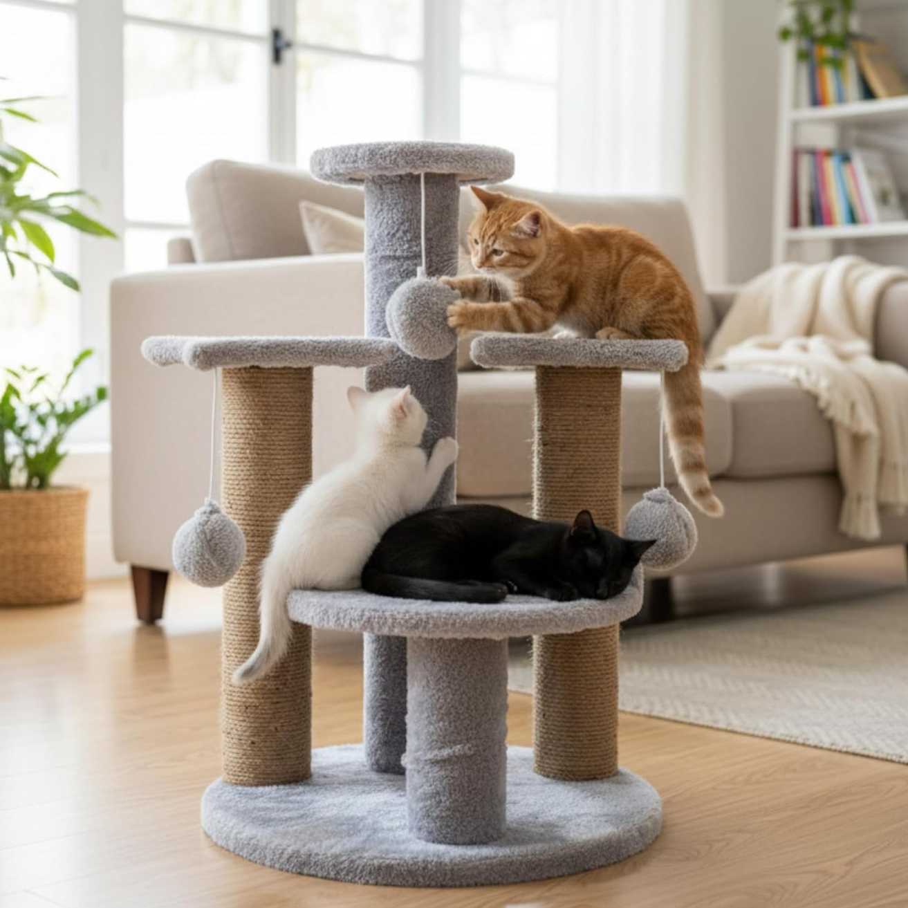 Multi-Level Play Cat Tree, Grey and Natural Sisal, 17 Inch Height with Plush Platforms, Scratching Posts, Hanging Balls, Indoor Activity Tower