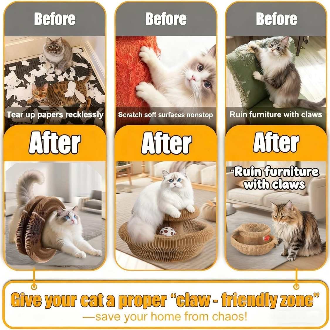 Reversible Cardboard Cat Scratcher with Ball Track | Cat Toy & Scratch Pad