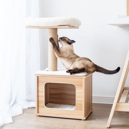 Small Wooden Cat Tree Condo with Scratching Post & Cozy Hideaway