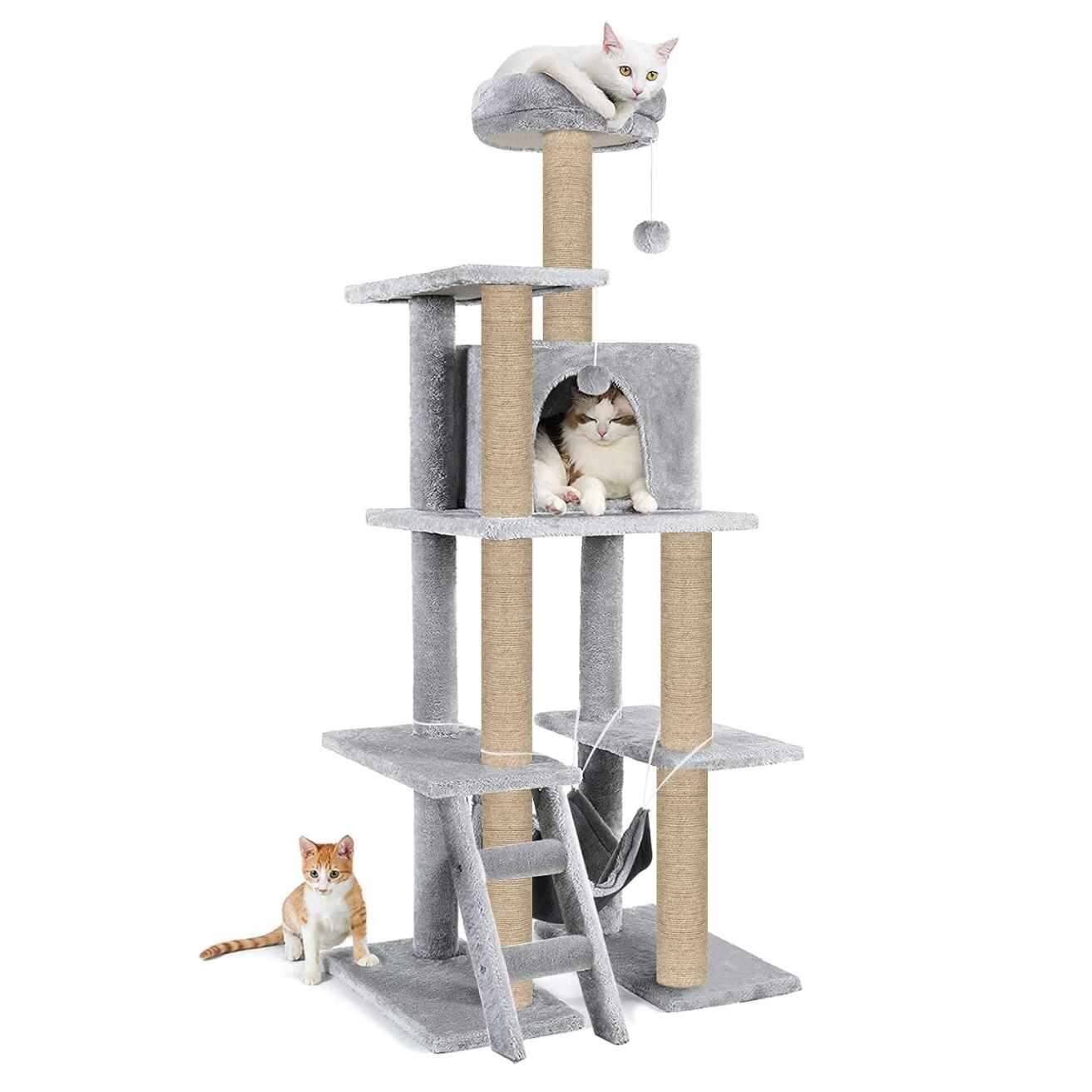 Multi-Storey Kitten Cat Tree | 60in Condo with Stairs, Hammock & Scratching Posts