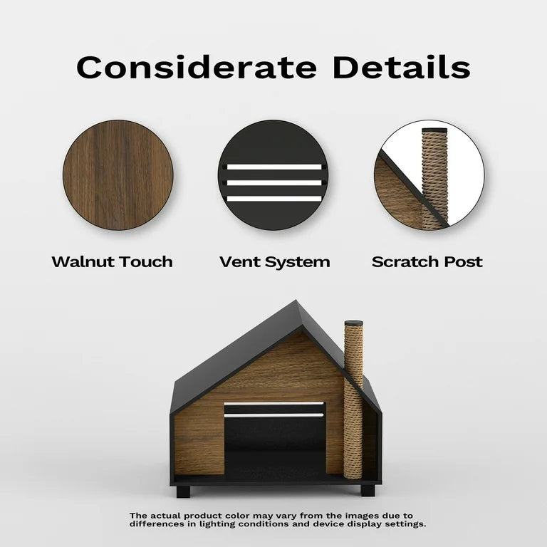Wooden Cat House With Cozy Condo & Hideaway Bed For Indoor Cats