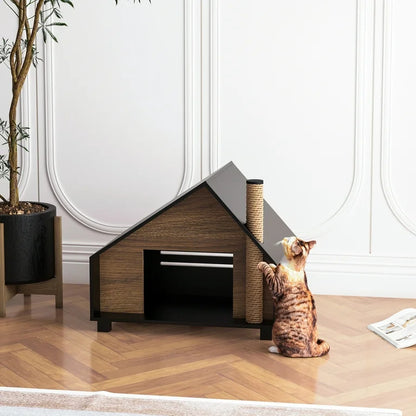 Wooden Cat House With Cozy Condo & Hideaway Bed For Indoor Cats
