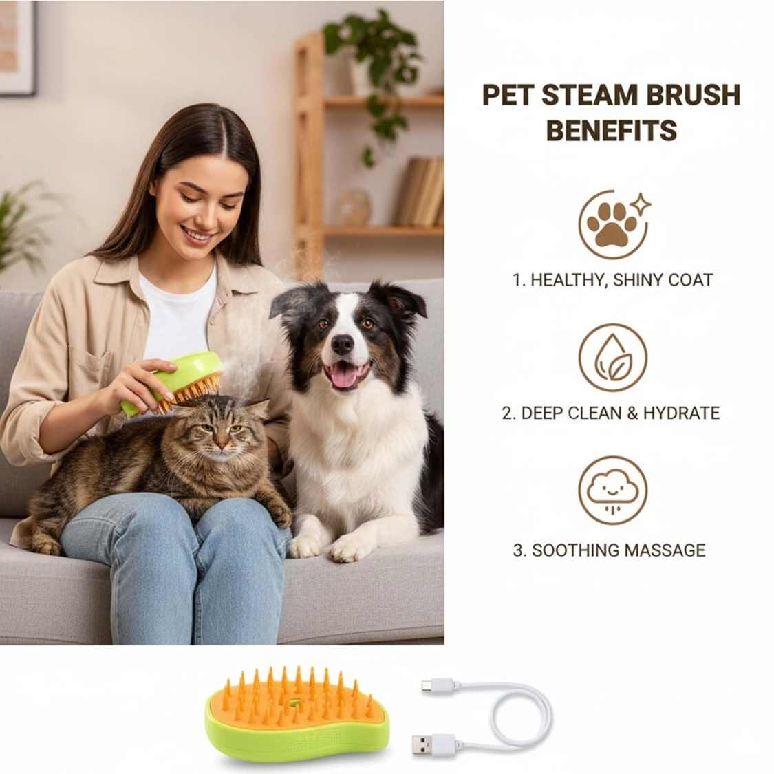 Pet Grooming Steam Brush | Safe & Easy Hair Care For Dogs & Cats
