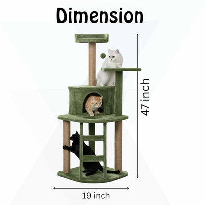 Multi-Level Cat Tree Tower | Green Plush Condo with Jute Posts & Perches