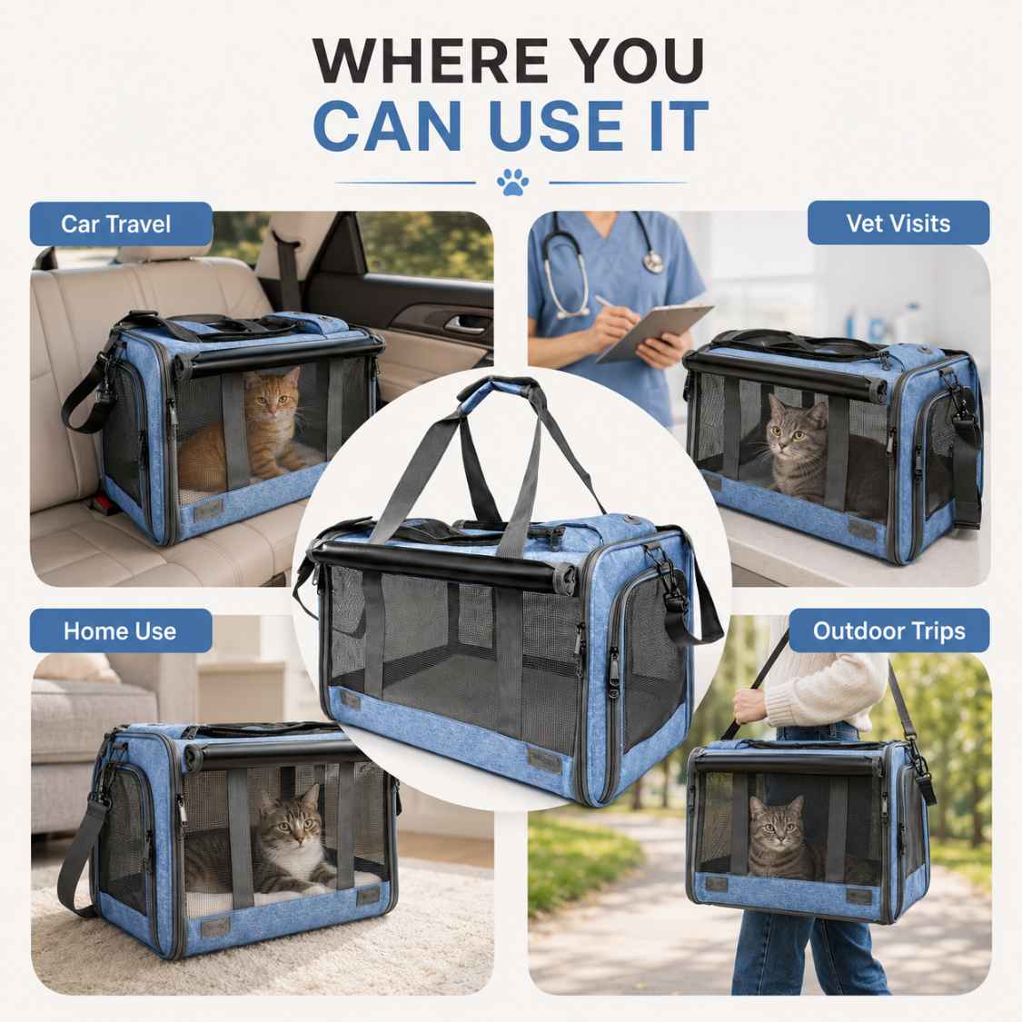 Foldable Cat Carrier Bag With Mesh Window For Travel