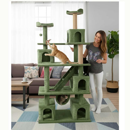 Multilevel Fur Fabric Cat Tree - Ladder | Hanging Ball | Tunnel | Multiple Condos | Jute Rope Scratching Posts | for Adult Cats & Kittens (32 x 19 x 85 Inches)