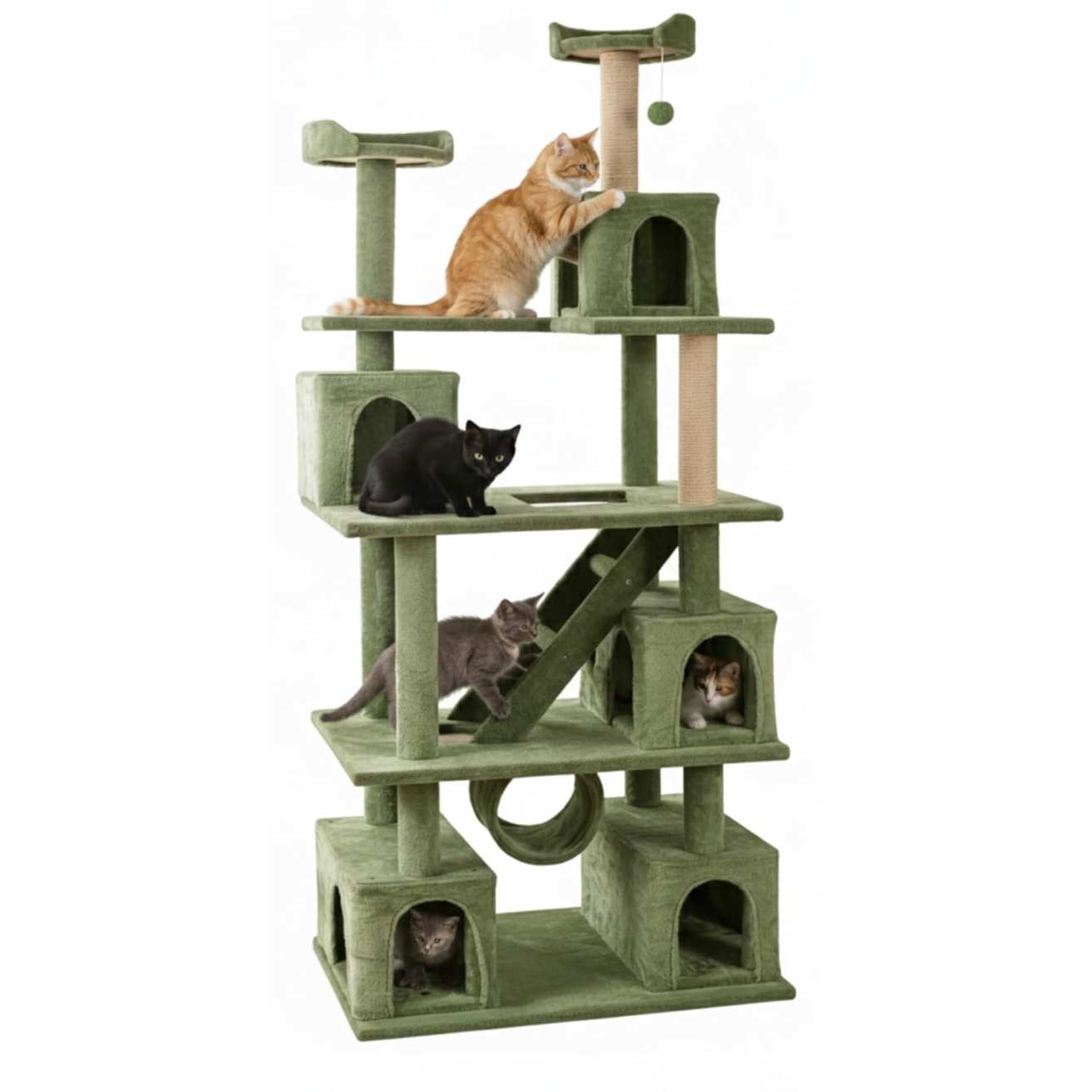 Multilevel Fur Fabric Cat Tree - Ladder | Hanging Ball | Tunnel | Multiple Condos | Jute Rope Scratching Posts | for Adult Cats & Kittens (32 x 19 x 85 Inches)