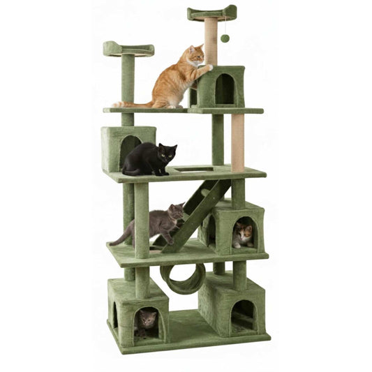 Multilevel Fur Fabric Cat Tree - Ladder | Hanging Ball | Tunnel | Multiple Condos | Jute Rope Scratching Posts | for Adult Cats & Kittens (32 x 19 x 85 Inches)