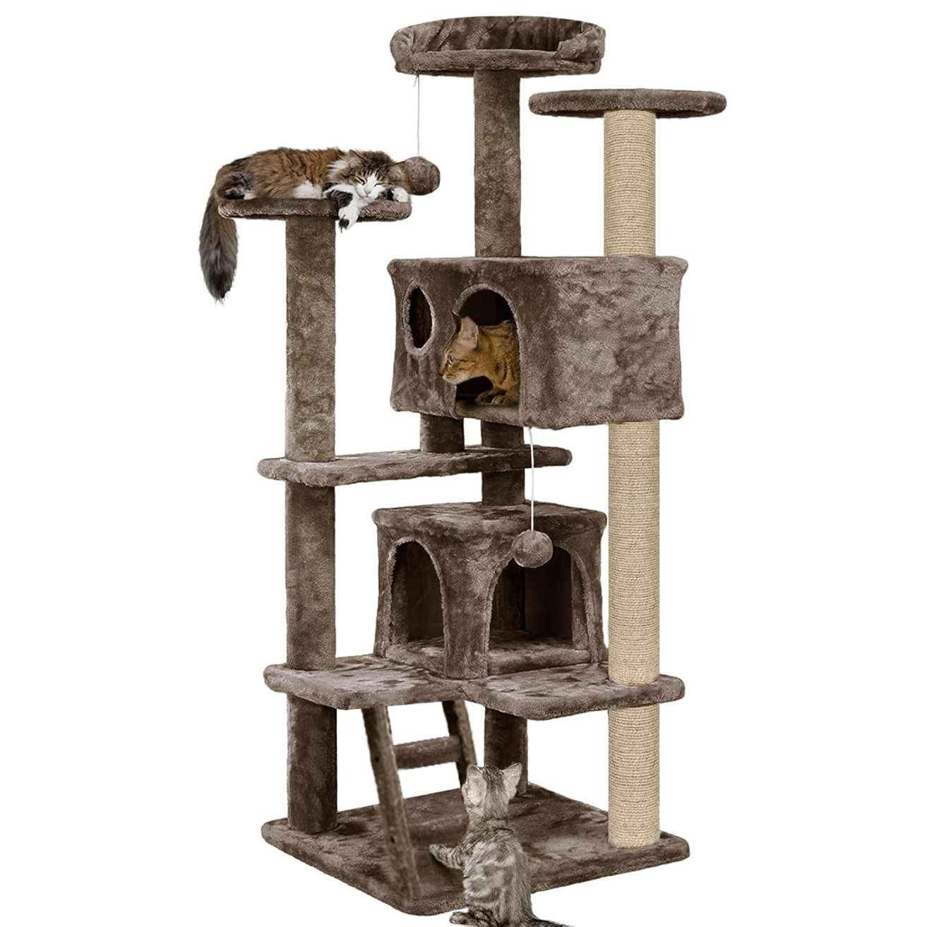 Multiple Condos Kitten Cat Tree - Plush Fur Fabric | Ladder | Top Perches | Playing Balls | Jute Rope Scratching Posts (Height 62 Inch) (Brown)