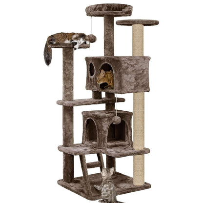 Multiple Condos Kitten Cat Tree - Plush Fur Fabric | Ladder | Top Perches | Playing Balls | Jute Rope Scratching Posts (Height 62 Inch) (Brown)