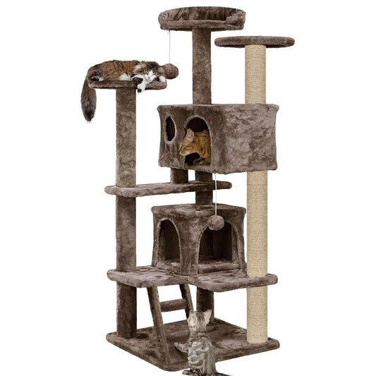 Multiple Condos Kitten Cat Tree - Plush Fur Fabric | Ladder | Top Perches | Playing Balls | Jute Rope Scratching Posts (Height 62 Inch) (Brown)