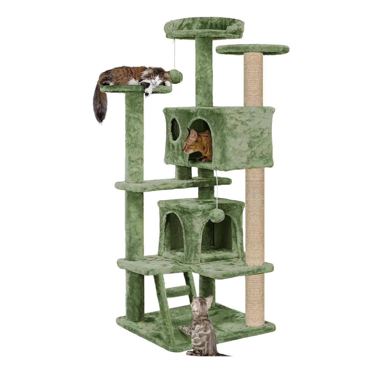 Multiple Condos Kitten Cat Tree - Plush Fur Fabric | Ladder | Top Perches | Playing Balls | Jute Rope Scratching Posts (Height 62 Inch) (Green)