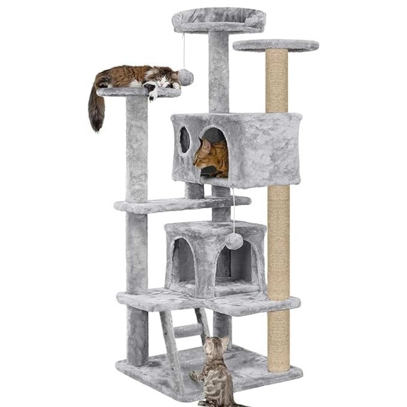 Multiple Condos Kitten Cat Tree - Plush Fur Fabric | Ladder | Top Perches | Playing Balls | Jute Rope Scratching Posts (Height 62 Inch) (Grey)