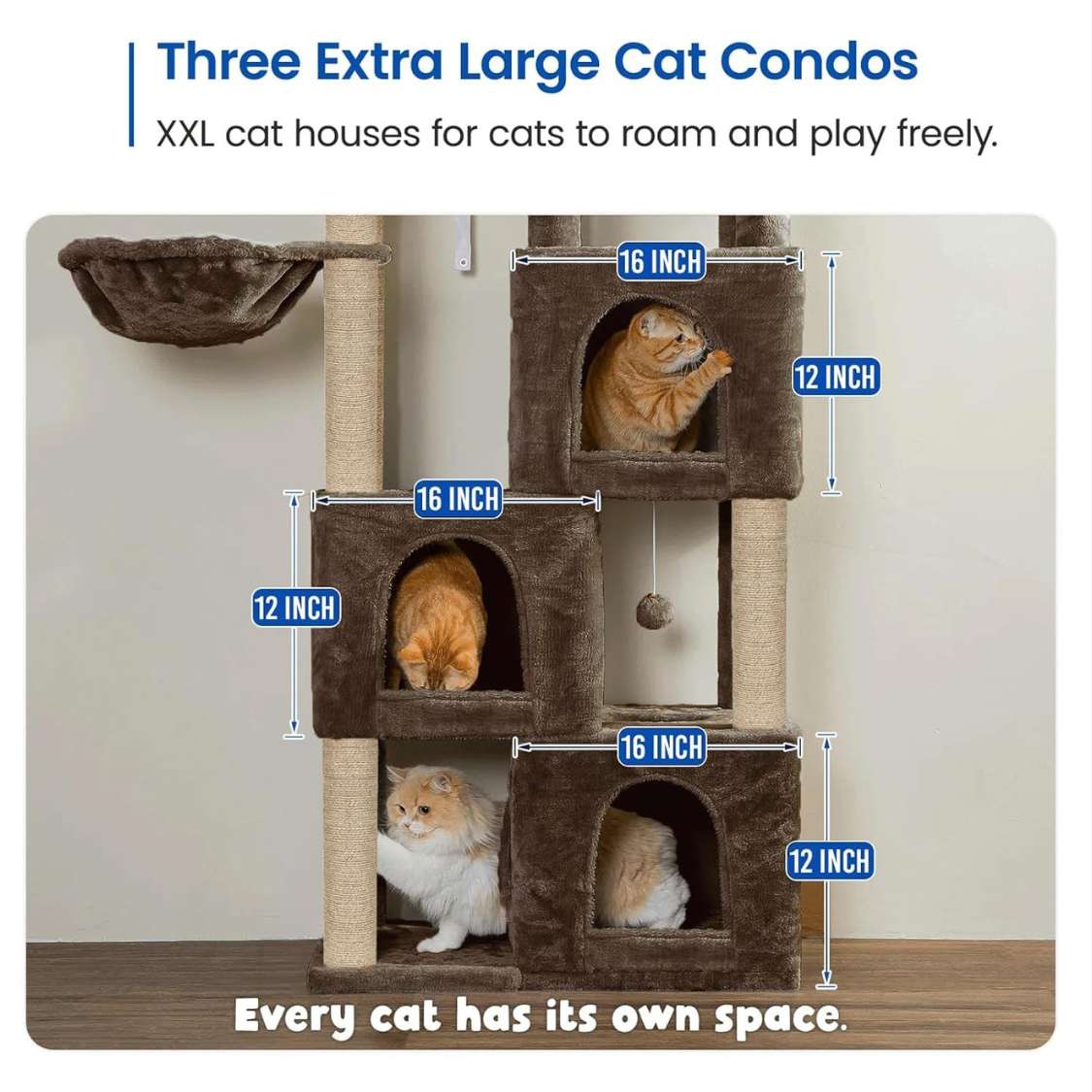 Multilevel Fur Fabric Cat Tree - Multiple Condos | Hanging Ball | Cat House | Jute Rope Scratching Posts | for Adult Cats & Kittens