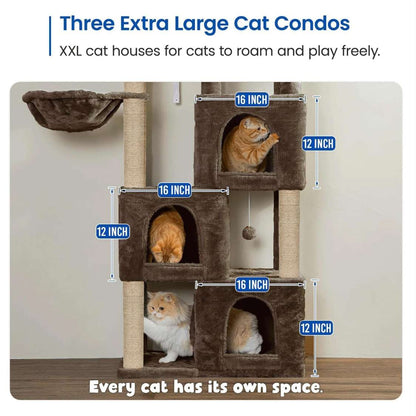 Multilevel Fur Fabric Cat Tree - Multiple Condos | Hanging Ball | Cat House | Jute Rope Scratching Posts | for Adult Cats & Kittens