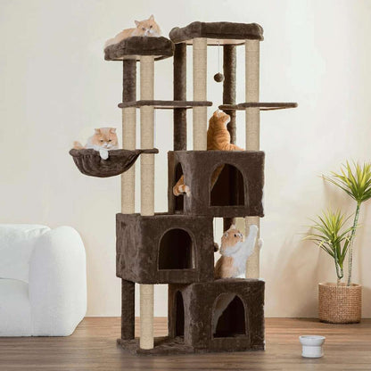 Multilevel Fur Fabric Cat Tree - Multiple Condos | Hanging Ball | Cat House | Jute Rope Scratching Posts | for Adult Cats & Kittens