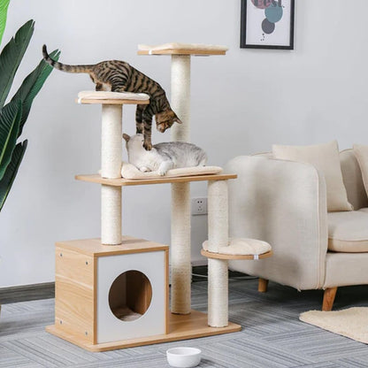 Modern Wooden Cat Tree Tower for Indoor Cats with Scratching Posts & Cat Condo