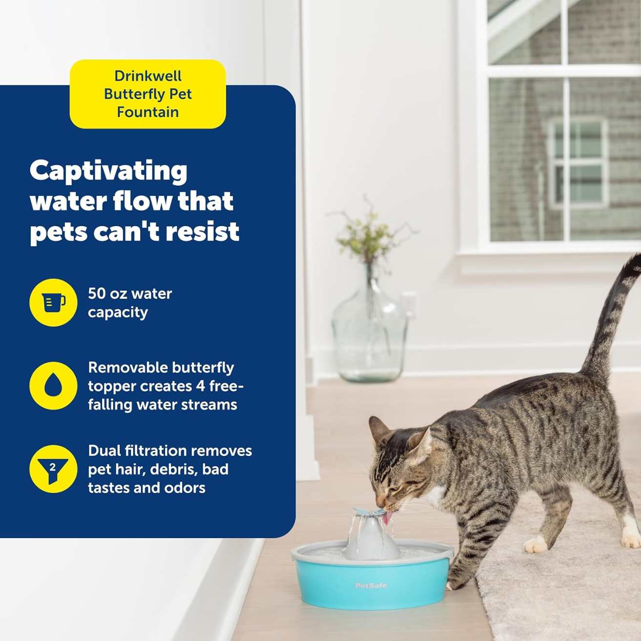 Butterfly Pet Water Fountain with Pump & Carbon Filter For Dogs & Cats | 50 oz