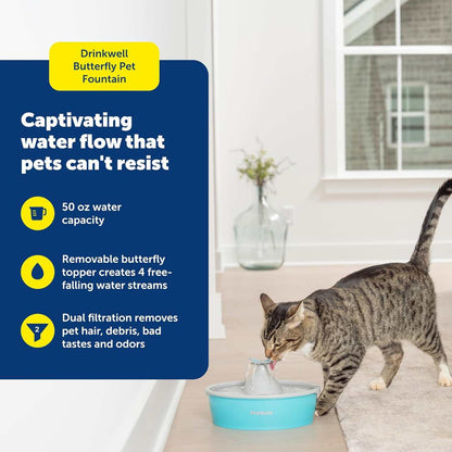 Butterfly Pet Water Fountain with Pump & Carbon Filter For Dogs & Cats | 50 oz
